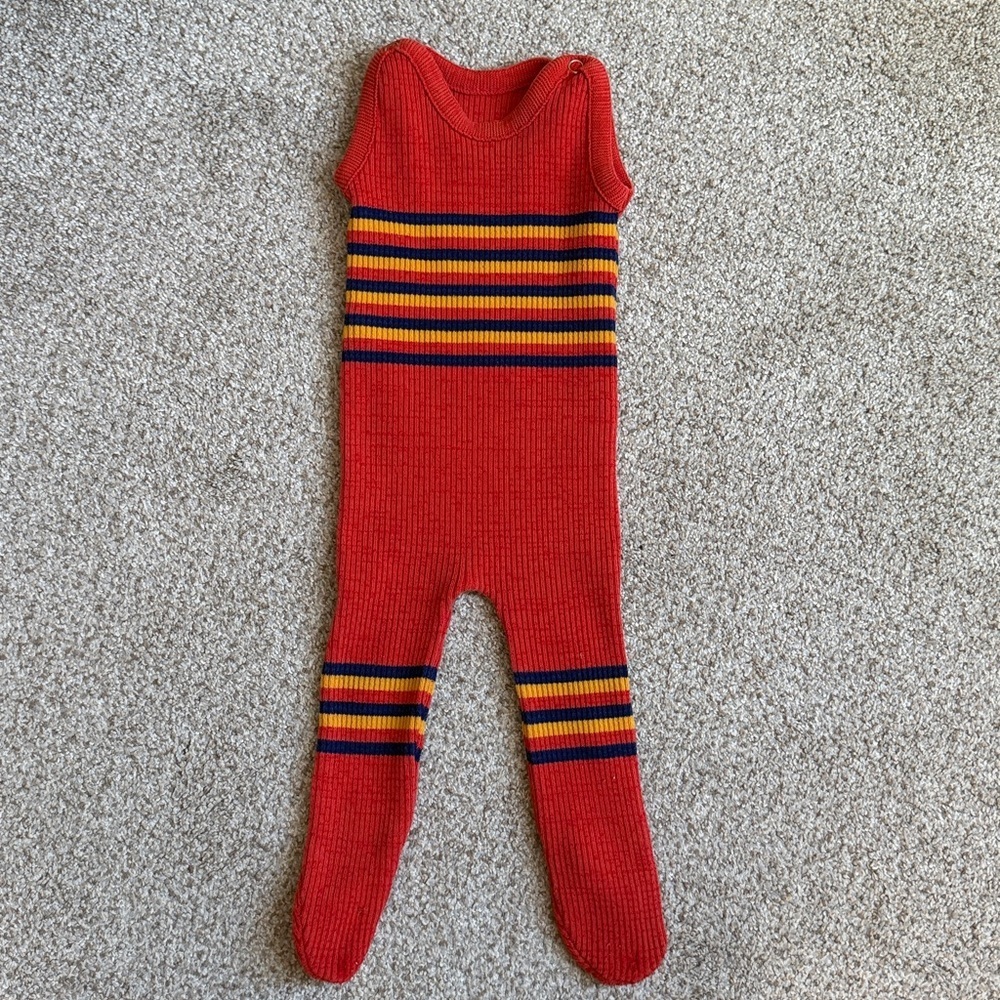 Vintage Young Dane Red Striped Knit Baby Jumpsuit made in Denmark